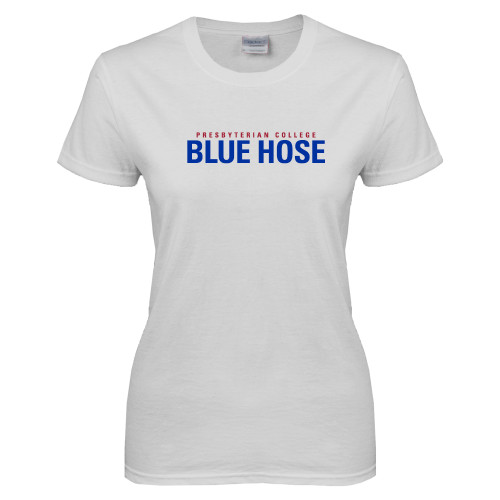  Womens White Short Sleeve Tee - Presbyterian College Blue Hose Stacked