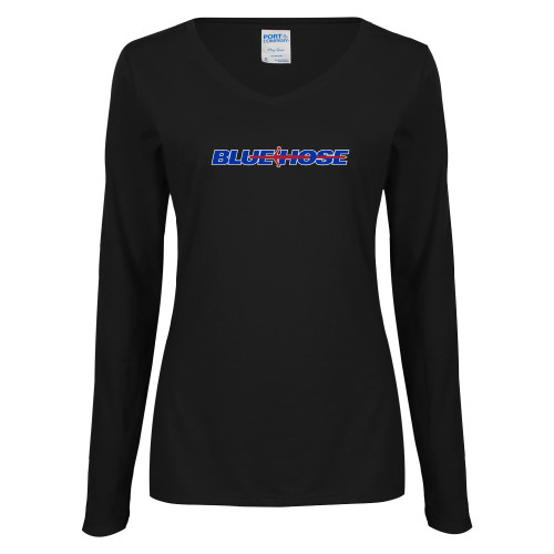  Womens Black Long Sleeve V Neck Tee  - Blue Hose
