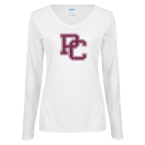  Womens White Long Sleeve V Neck Tee - PC Pink Glitter