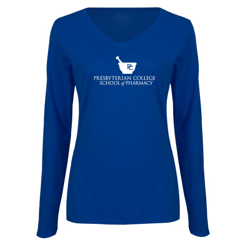  Womens Royal Long Sleeve V Neck Tee  - Presbyterian College - School of Pharmacy Wordmark