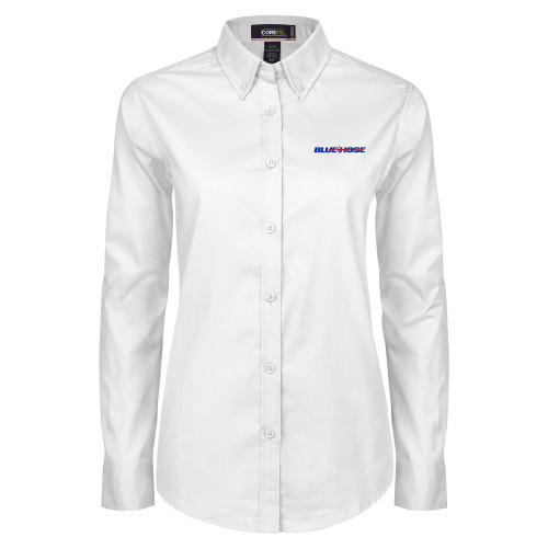  Womens White Twill Button Down Long Sleeve - Blue Hose