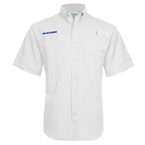  Columbia White Tamiami Performance Short Sleeve Shirt - Blue Hose