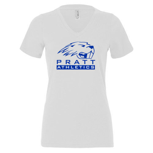 Pratt Comm College Bella + Canvas Womens White V Neck Cotton T Shirt - Pratt Athletics with Mascot