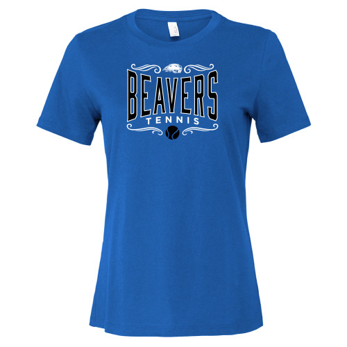 Pratt Comm College Bella + Canvas Womens Royal Relaxed Cotton T Shirt - Beavers Tennis with Filigree