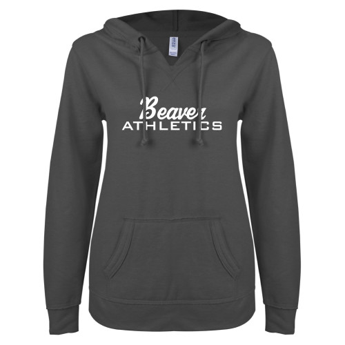 Pratt Comm College ENZA Womens Dark Heather V Notch Raw Edge Fleece Hoodie - Beaver Athletics Script