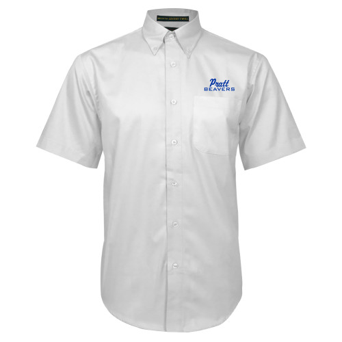 Pratt Comm College White Twill Button Down Short Sleeve - Pratt Beavers Script