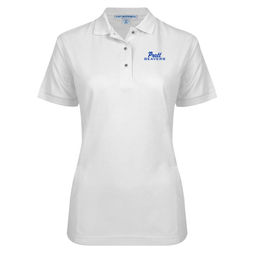 Pratt Comm College Womens Silk Touch White Pique Polo - Pratt Beavers Script