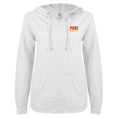 ENZA Womens White V Notch Raw Edge Fleece Hoodie-PERI