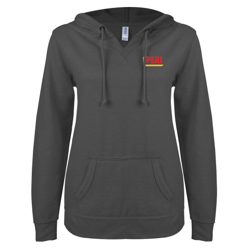 ENZA Womens Dark Heather V Notch Raw Edge Fleece Hoodie-PERI