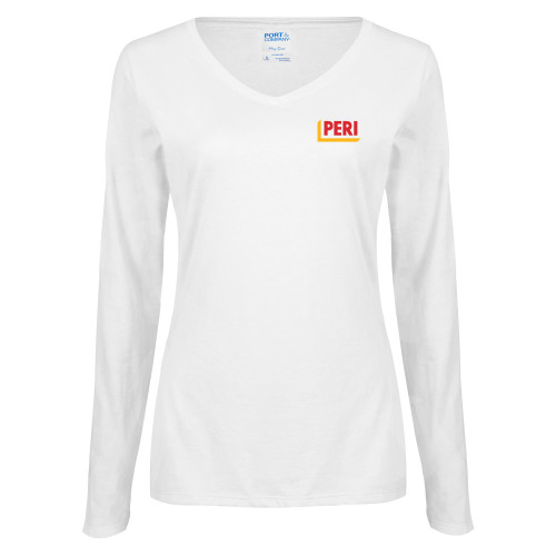 Womens White Long Sleeve V Neck Tee-PERI