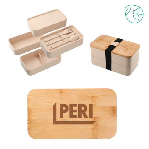 Stackable Bamboo Fiber Beige Bento Box-PERI Engraved