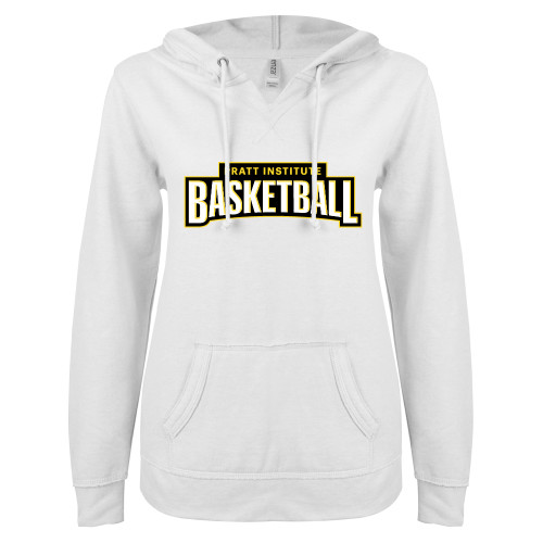 Pratt Institute ENZA Womens White V Notch Raw Edge Fleece Hoodie-Pratt Basketball