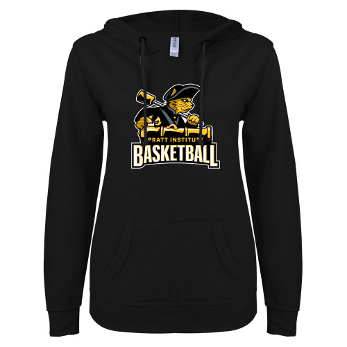 Pratt Institute ENZA Womens Black V Notch Raw Edge Fleece Hoodie-Pratt Institute Basketball
