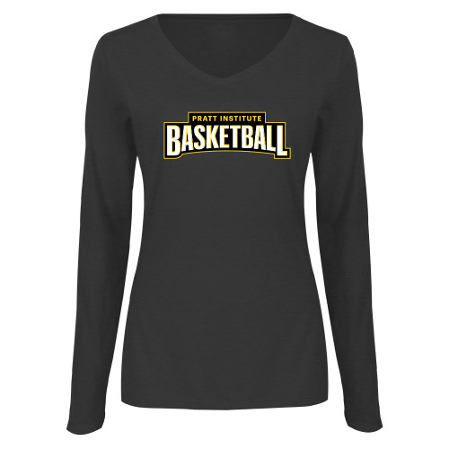 Pratt Institute Womens Dark Heather Long Sleeve V Neck Tee -Pratt Basketball
