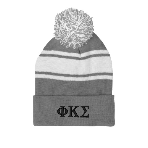 Grey/White Two Tone Knit Pom Beanie w/Cuff-Phi Kappa Sigma Greek