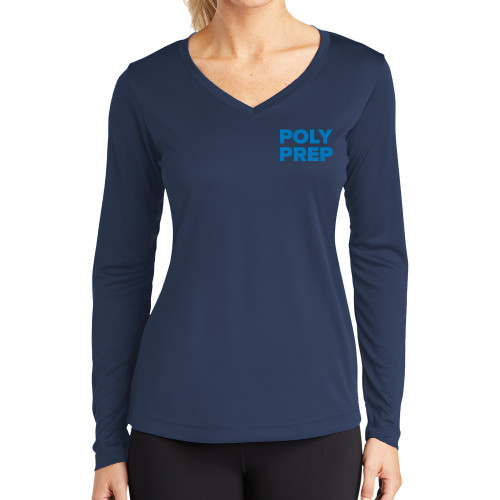  Womens Navy Performance Long Sleeve V Neck Shirt - Poly Prep Stacked