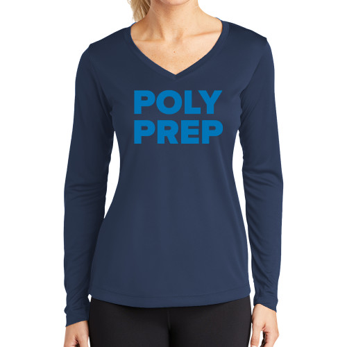  Womens Navy Performance Long Sleeve V Neck Shirt - Poly Prep Stacked