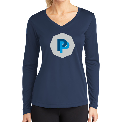 Womens Navy Performance Long Sleeve V Neck Shirt - PP in Badge
