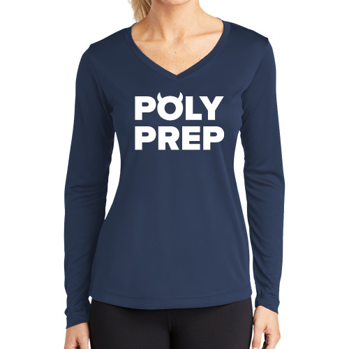  Womens Navy Performance Long Sleeve V Neck Shirt - Poly Prep