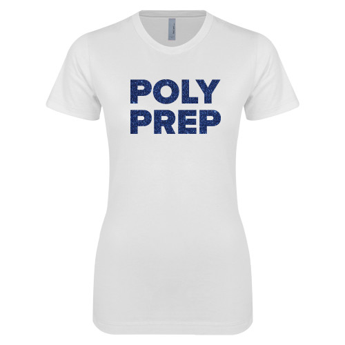  Next Level Womens White Boyfriend Tee - H Dark Blue Glitter
