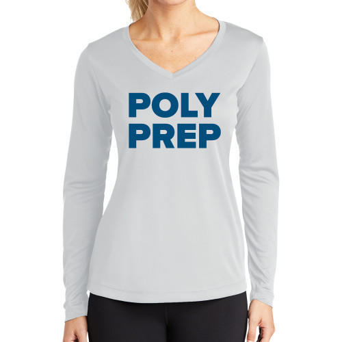  Womens White Performance Long Sleeve V Neck Shirt - Poly Prep Stacked