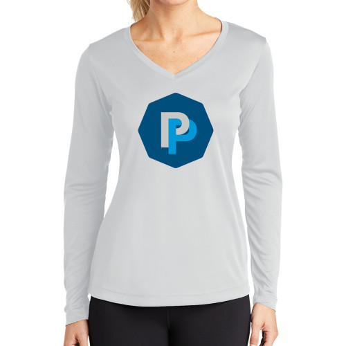  Womens White Performance Long Sleeve V Neck Shirt - PP in Badge