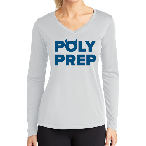  Womens White Performance Long Sleeve V Neck Shirt - Poly Prep