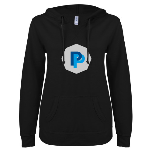  ENZA Womens Black V Notch Raw Edge Fleece Hoodie - PP in Badge