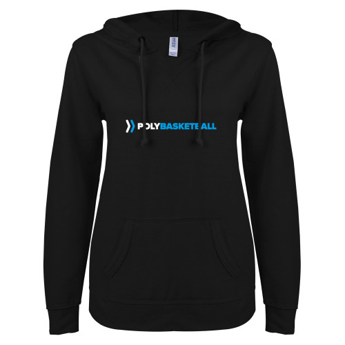 ENZA Womens Black V Notch Raw Edge Fleece Hoodie - Basketball