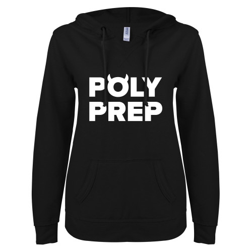  ENZA Womens Black V Notch Raw Edge Fleece Hoodie - Poly Prep
