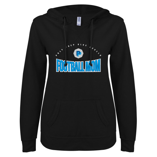  ENZA Womens Black V Notch Raw Edge Fleece Hoodie - Poly Prep Football Mom