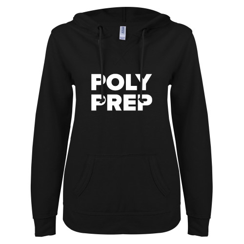  ENZA Womens Black V Notch Raw Edge Fleece Hoodie - Poly Prep Stacked