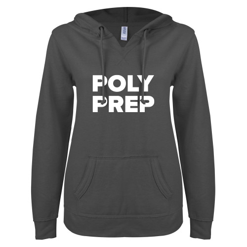  ENZA Womens Dark Heather V Notch Raw Edge Fleece Hoodie - Poly Prep Stacked