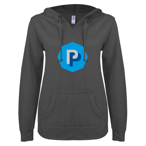  ENZA Womens Dark Heather V Notch Raw Edge Fleece Hoodie - PP in Badge
