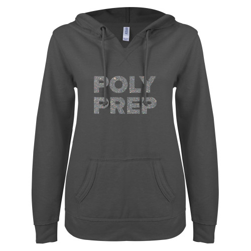  ENZA Womens Dark Heather V Notch Raw Edge Fleece Hoodie - A Silver Soft Glitter