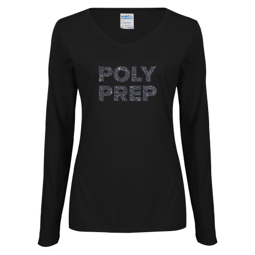  Womens Black Long Sleeve V Neck Tee  - F Graphite Soft Glitter