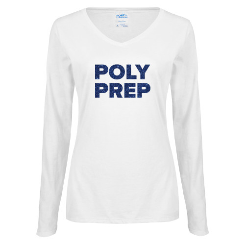  Womens White Long Sleeve V Neck Tee - H Dark Blue Glitter