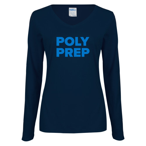  Womens Navy Long Sleeve V Neck Tee - Poly Prep Stacked