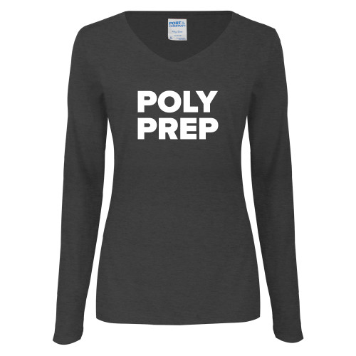  Womens Dark Heather Long Sleeve V Neck Tee  - Poly Prep Stacked