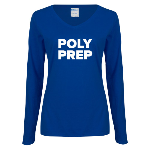  Womens Royal Long Sleeve V Neck Tee  - Poly Prep Stacked