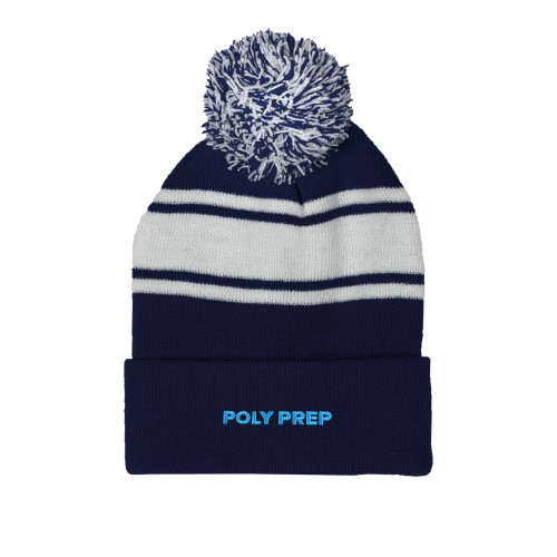  Navy/White Two Tone Knit Pom Beanie w/Cuff - Poly Prep
