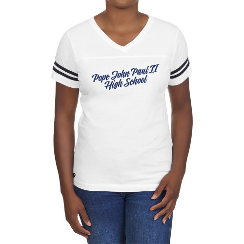  Fall Rush Ladies White 60/40 Football Tee - H Dark Blue Glitter