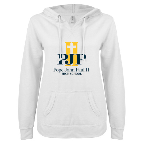 ENZA Womens White V Notch Raw Edge Fleece Hoodie - PJP II with School Name