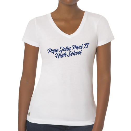  Fall Rush Ladies White V Neck Tee - H Dark Blue Glitter