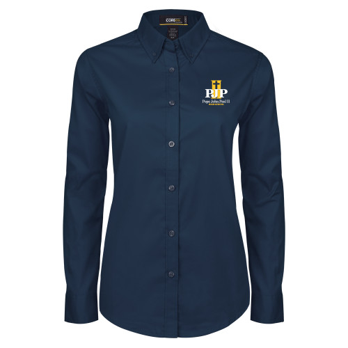  Womens Navy Twill Button Down Long Sleeve  - PJP II with School Name