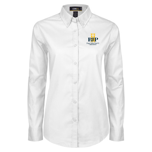  Womens White Twill Button Down Long Sleeve - PJP II with School Name