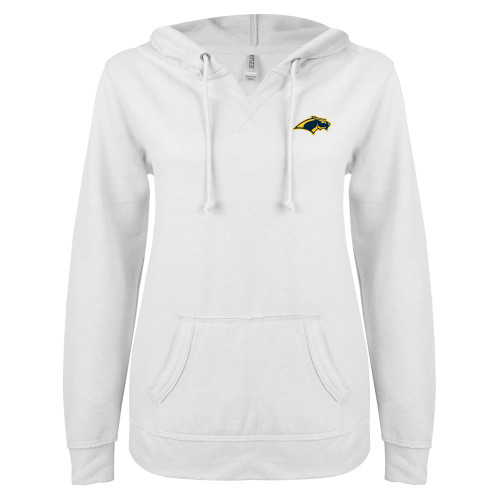  ENZA Womens White V Notch Raw Edge Fleece Hoodie - Panther