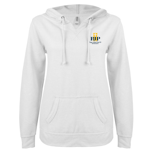  ENZA Womens White V Notch Raw Edge Fleece Hoodie - PJP II with School Name