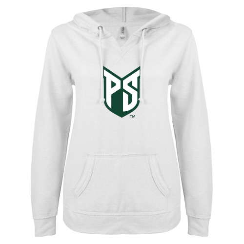  ENZA Womens White V Notch Raw Edge Fleece Hoodie - Official Logo