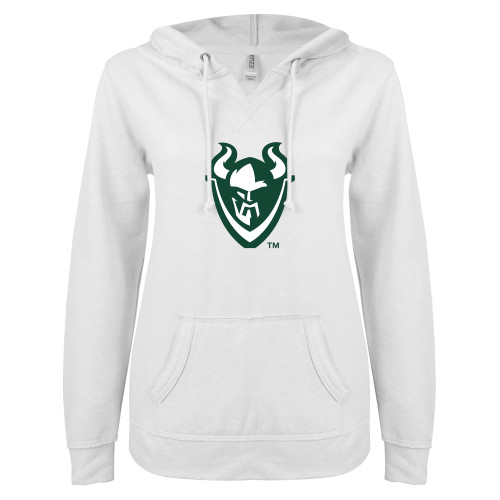  ENZA Womens White V Notch Raw Edge Fleece Hoodie - Viking Head